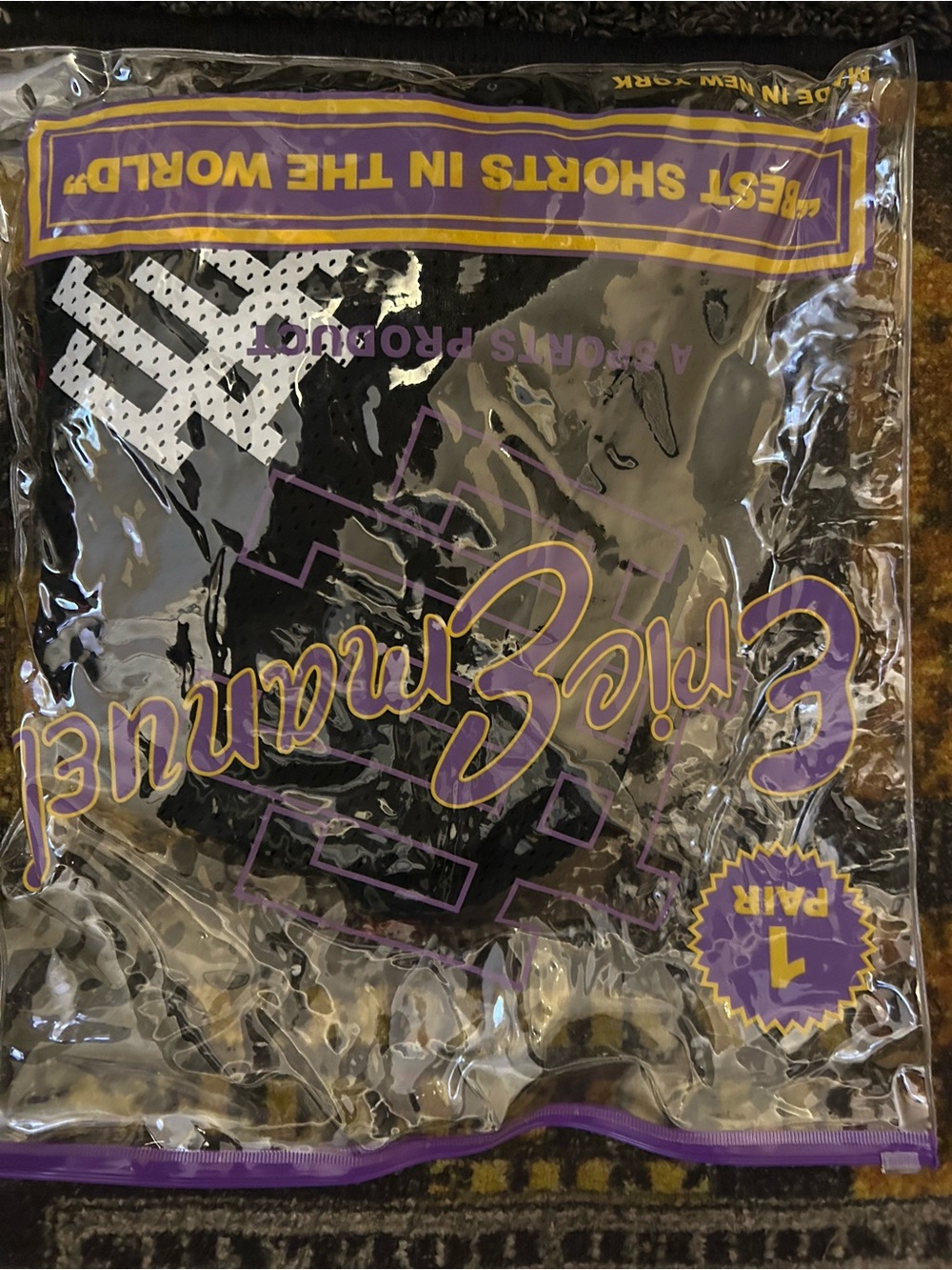 Eric Emanuel Black and Purple Party Shorts - Festive Graphic Design